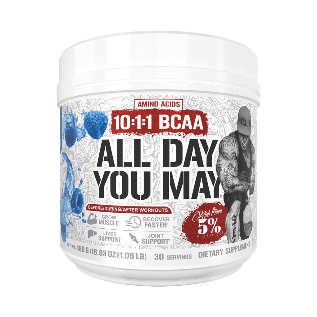 5% Nutrition Rich Piana AllDayYouMay BCAA Powder 124; Premium Intra & Post Workout Acids, EAA, Electrolytes 124; Hidration, Endurance, Recovery 124; Vegan & Keto 144; 16.4 oz, 30 Srvgs (Blue Raspberry)