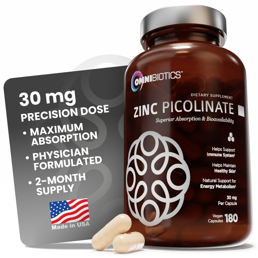 OmniBiotics Zinc Picolinate 30mg Suplemen - Zinc Absorpsi Tinggi untuk Sistem Imune, Skin Sehat, dan Dukungan Energi - 180 Vegan Kasules