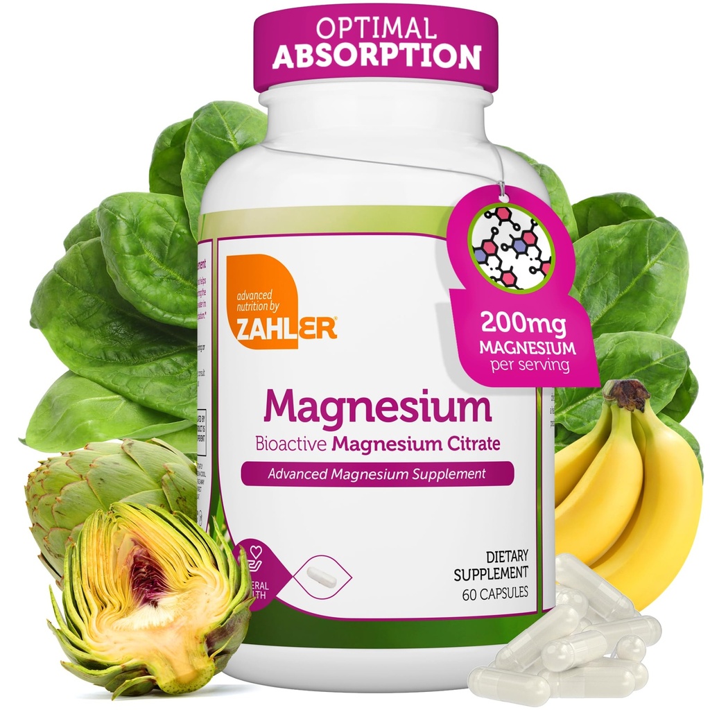 Zahler - Magnesium Supplemen 200 mg (60 Count) Tersertifikasi Kosher Bioactive Magnesium Citrate untuk Max Absorpsi - Natural Magnesium Mineral untuk Pria & Perempuan - Suplemen Magnesium Terbaik