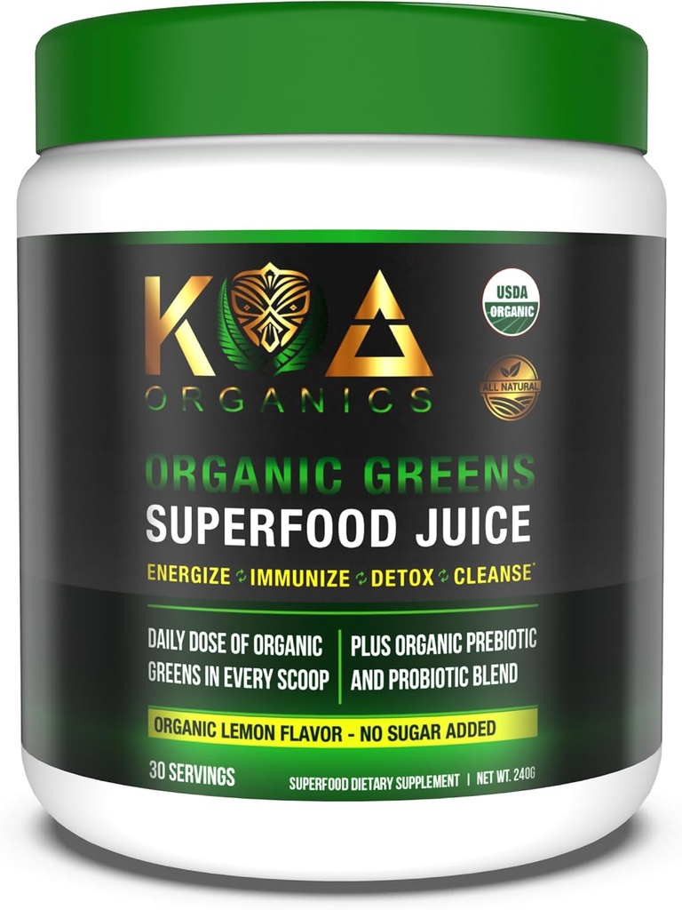 Serbuk Juice Superfood - USDA Organic Super Greens Powder dengan Spirulina, Chlorella, Matcha, Wheat Grass, Digetical Enzymes & Program- Lemon Flavor -30 Pserve