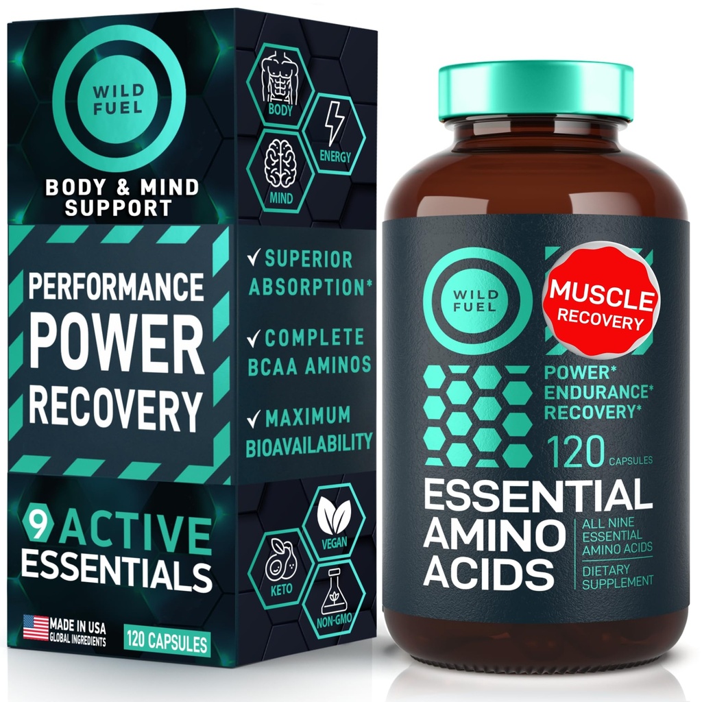 Suplemen Amino Acids - Semua 9 EAS dengan BCAAs Acids (Leucine, Lysine, Valine, Threponine) - 3,000mg Per Serving - Pembangunan Otot, Daya, Pemulihan - 120 Vegan, Caffeine Free Capsules