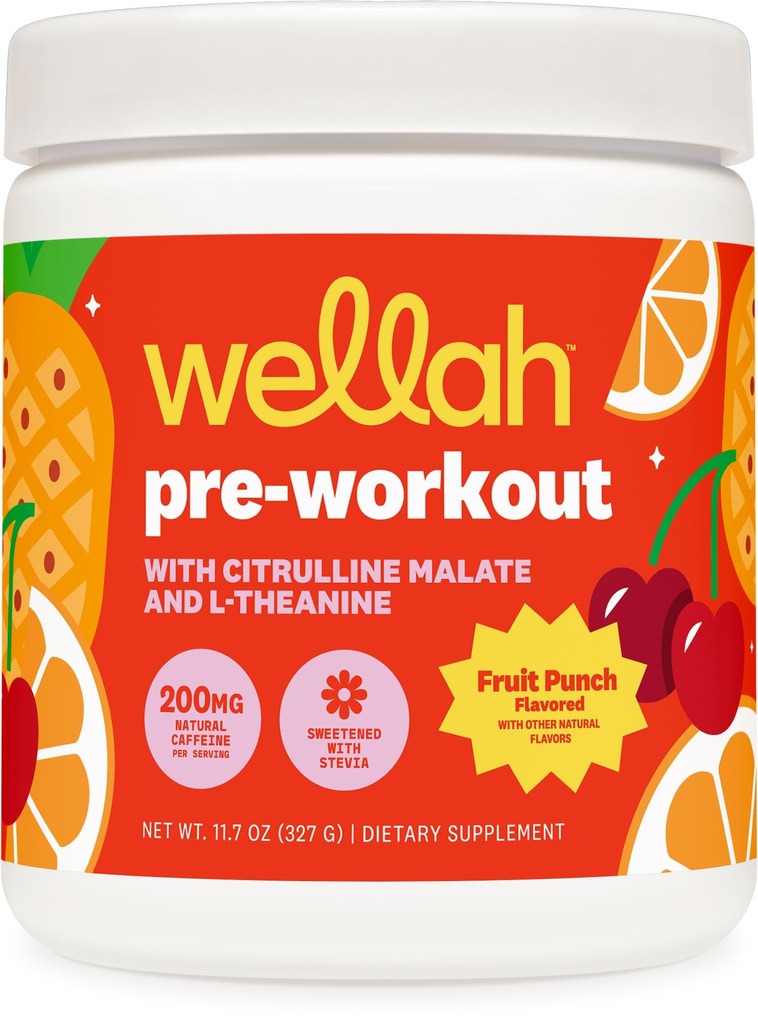 Wellah Pre-Workout Minum Mix (Fruit Punch Flavored, 30 Pelayan) - dengan Citruline Malate dan L-Theanine, 200mg Kafeine Alam & 100mg Beta- Alanine