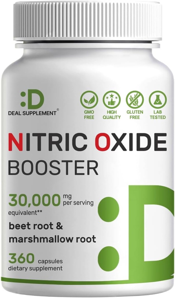DEAL SUPLEMENT Nitric Oxide Booster 30.000mg Equivalen, 360 Capsules - Natural Beet Root & Marshmallow Herbal Blend - Procees Nutrient Flow to Muscles & Heart - Non-GMO