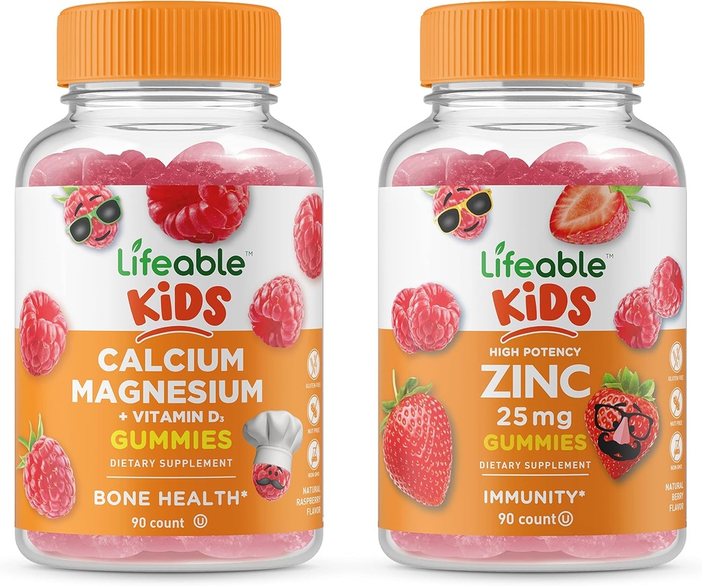 Lifeable Zinc 25mg Kids + Calcium Magnesium Kids, Gummies Bundle - Great Tasting, Vitamin Suplemen, Gluten Free, GMO Bebas, Gummy Chewable