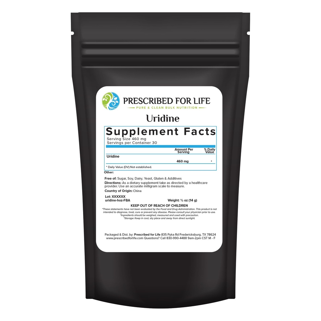 Prescribed For Life Uridine, Pure Uridine Monophhate Powder, Nootropic Suplement for Memory, Clarity, & Focus, No Adfills, Vegan, Non GMO (0.5oz / 14g)