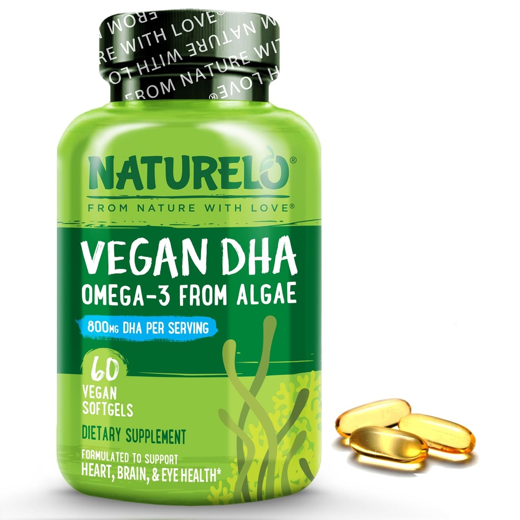 NATURELO Vegan DHA - Omega 3 Oil dari Algae - Suplemen untuk Otak, Jantung, Bersama-sama, Mata Kesehatan - Menyediakan EstiventFatty Acids untuk Perempuan, Pria dan Anak - Penyelesaian Vitamin Prenatal - 60 Softgels