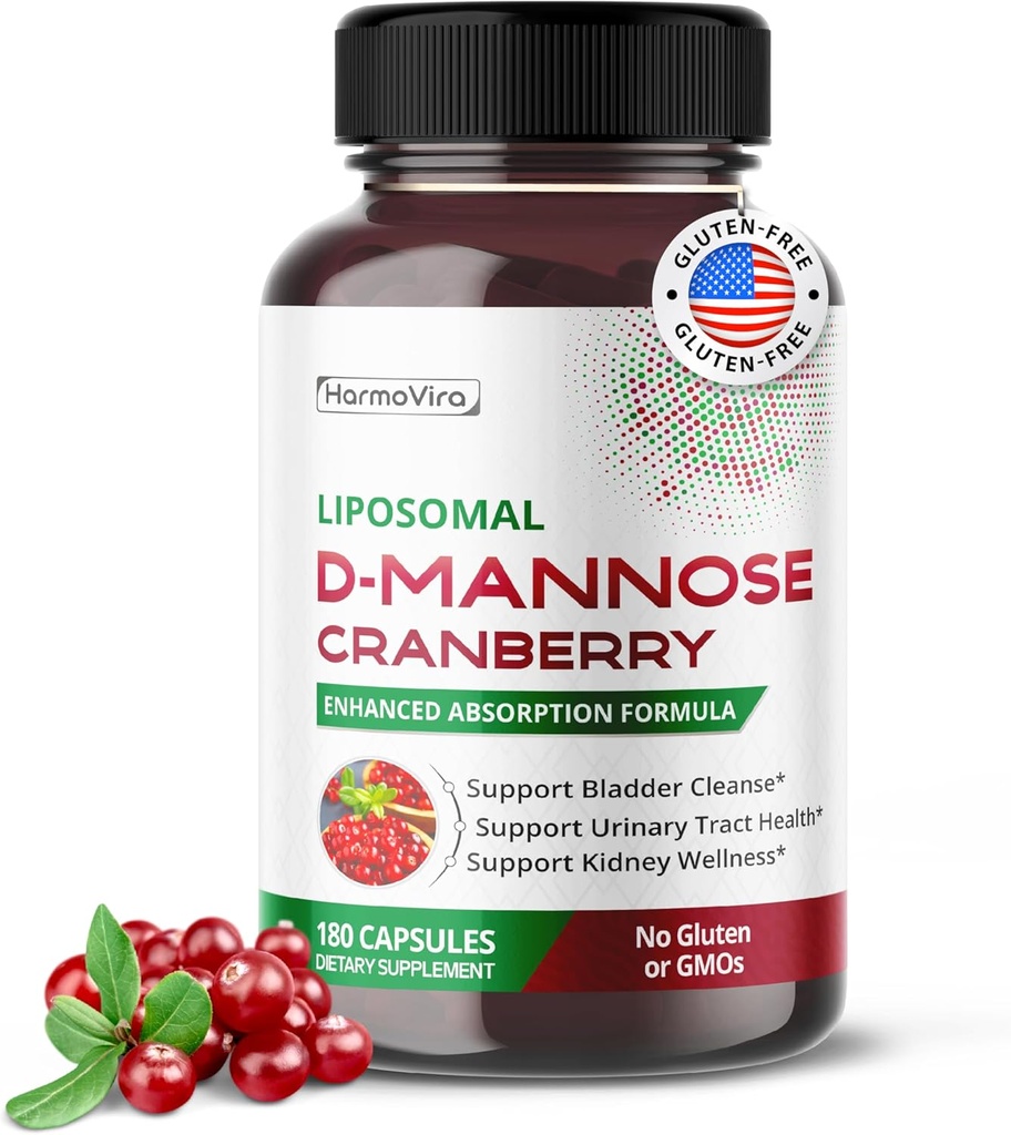 Lipomal D-Mannose Cranberry Suplement - 180 Capsules 124; Uva Ursi, Hibiscus, Black Pepper 124; Enhanced Absorpsi Formula 124la; Non-GMO, Gluten- Free