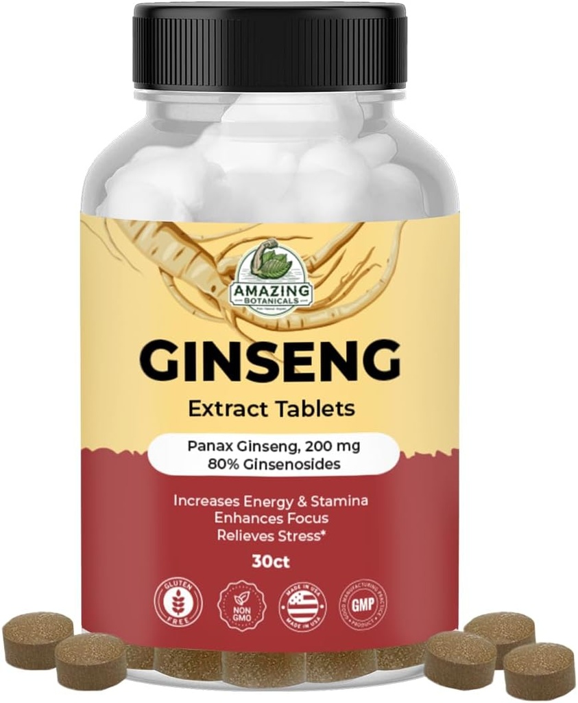 Amazing Botanicals Panax Ginseng Extract Tablet - 200mg Sangat Mampu 80% Ginsenosides untuk Energi & Relaxation - Supplemen Serba Alam untuk Cognitive Booster - 30 Tablet