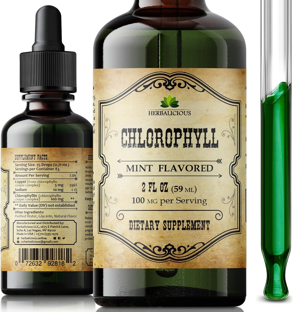 Chlorofil Liquid Drops - Organic Natural Detox & Cleanse Dukung - Boost Energy, Imunity & Metabolisme - Vegan, Non-GMO, Mint Flavor, 2 flo oz - Sodium Copper Chlorofil Extract - Dibuat di Amerika Serikat