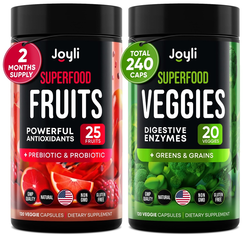 Fruits and Vegies Supplement - High Fiber Suplement for Immunity, Gut & Energy - Super Reds & Super Hijau Suplemen dengan Marshmallow Root - 240 Reds dan Super Greens Powder Superfood Capsules
