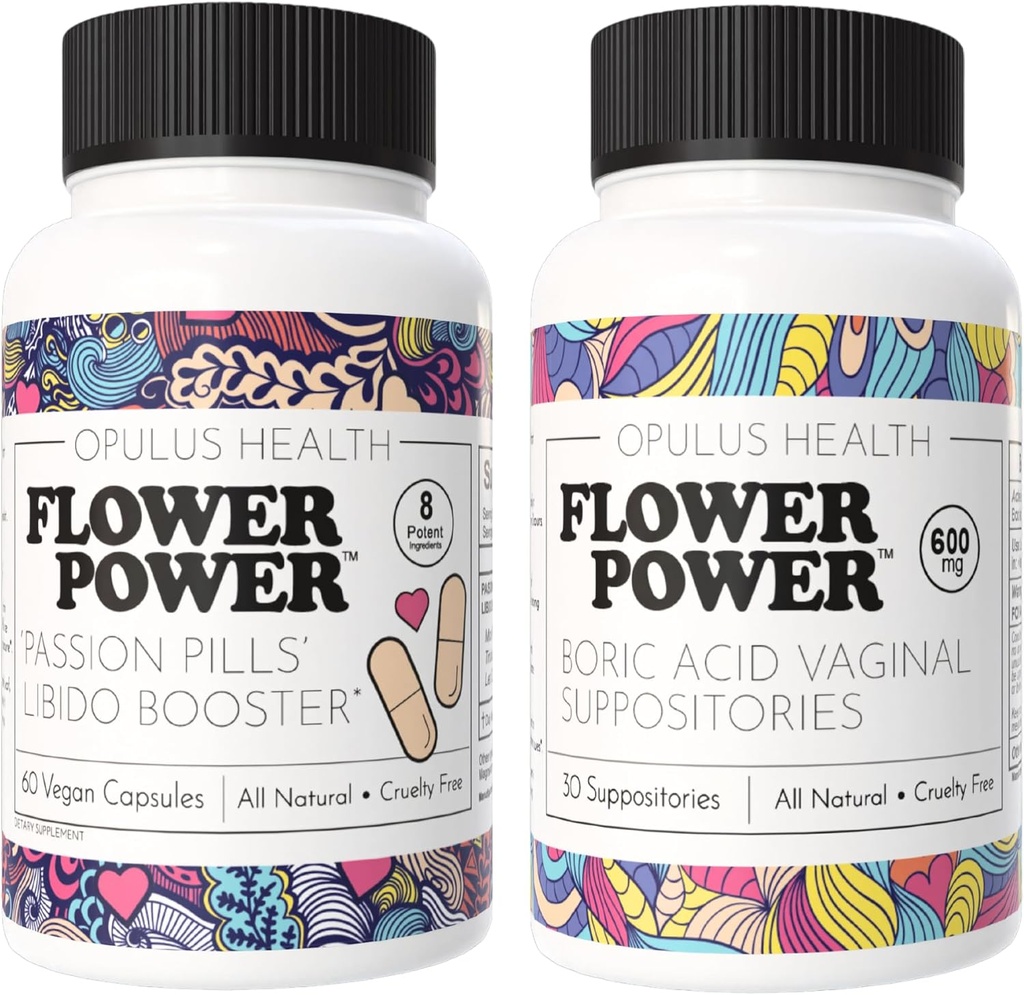 Flower Power - Passion Pill Libido Booster & Boric Acid Suplotories - All-Natural Feminine Care Bundle untuk Enhanced Libido, Odor Control, dan Balanced Vaginal Health - 60 Vegan Capsules, 600mg - Ma
