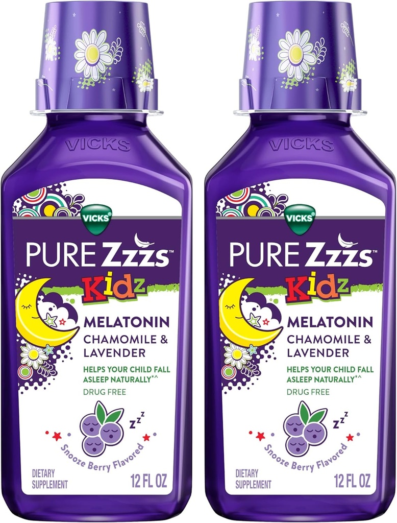 Vicks Pure Zzzs Kidson Meltonain Liquid, Sleep Aid, Drug-Free, Liquid Melatonin 1mg, dengan Chamomile & Lavender, Meltonin Slein Aids for Kids, Snooze Berry Flavored, 2 Pack, 24 FL OZ