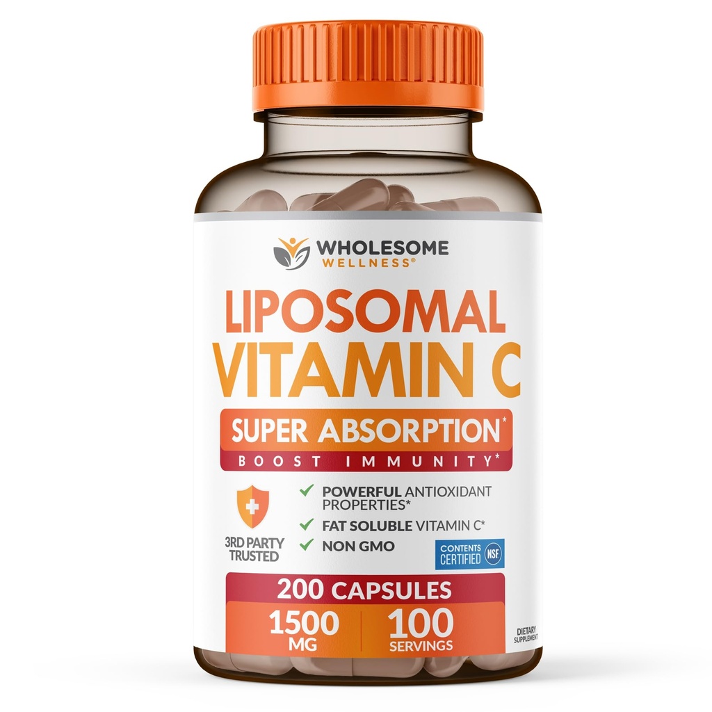 Whyesome Wellness Lipomal Vitamin C Capsules (200 Pills 1500mg Buffered) Absorpsi Tinggi, Sistem Imune & Collagen Booster, Soluble Fat Soluble Support Achibic Acid, Natural Vegan