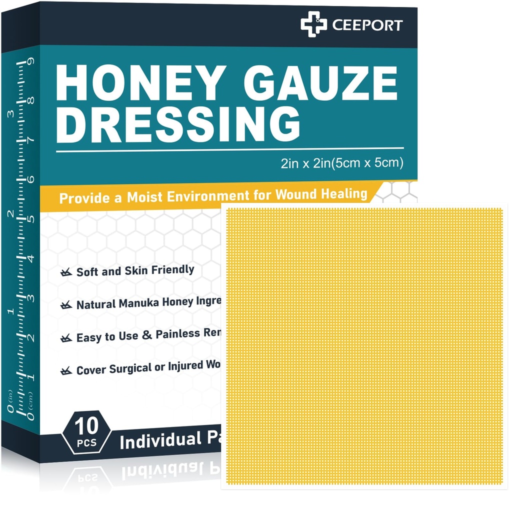 Manuka Honey Gauze Weund Dressing 2 "x 2", 10 Pause Honey Wound Care Pads, Perban Madu Kelas Kedokteran untuk Weund Care, Honey Patch untuk Lebih cepat Penyembuhan dari Luka Bakar, Luka memar, Potongan dan Kudis