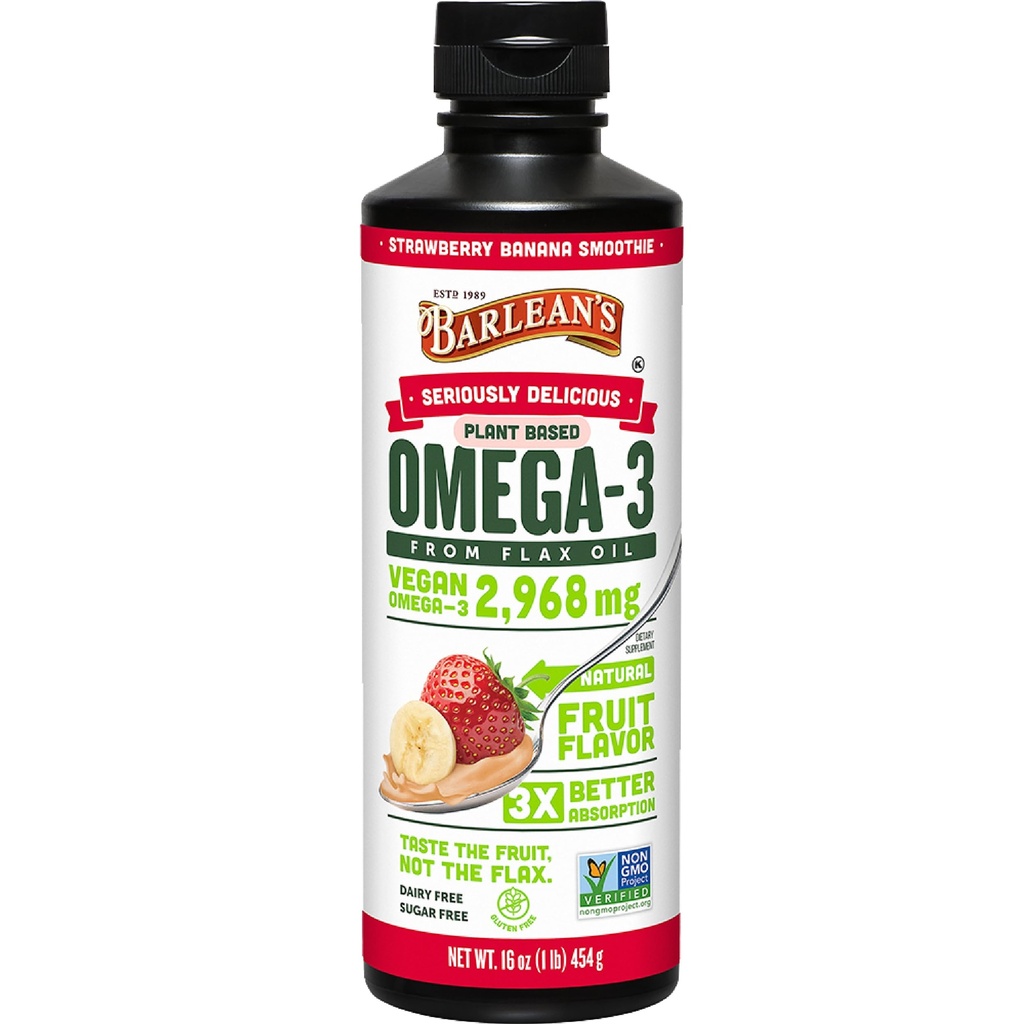 Barlean Vegan Omega 3 6 9 Flaxseed Oil Liquid Suplement, Strawberry Banana Smoothie, Flax Seeds Oil dengan 2.968 mg ALA Fatty Acid, Non- GMO dan Gluten Free, 16 oz