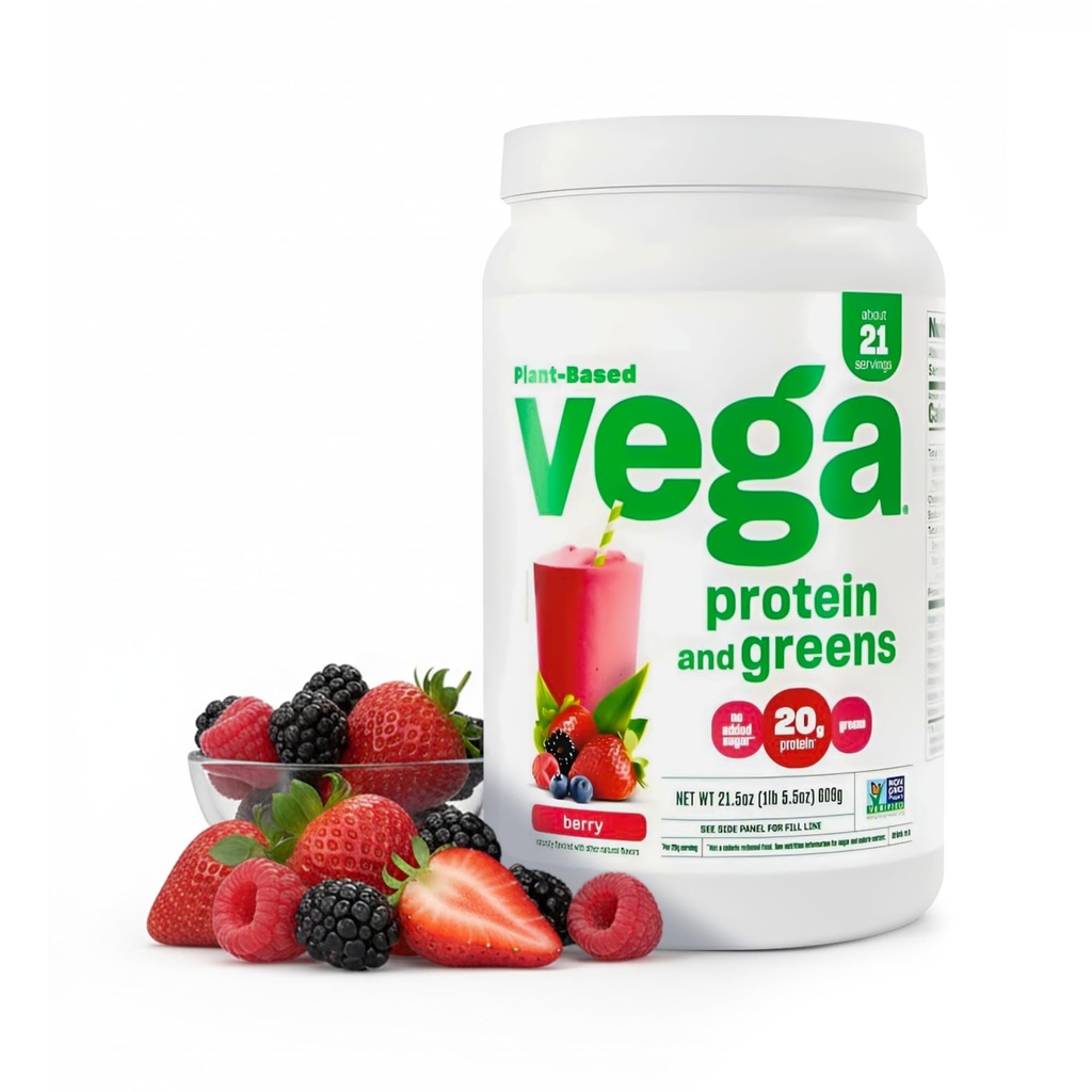 Vega Protein dan Hijau Powder Protein, Berry - 20g Tanaman Berdasarkan Protein Plus Vegan, Vegan, Non GMO, Pea Protein untuk Perempuan dan Pria, 1.3 pon (Packaging May Vary)