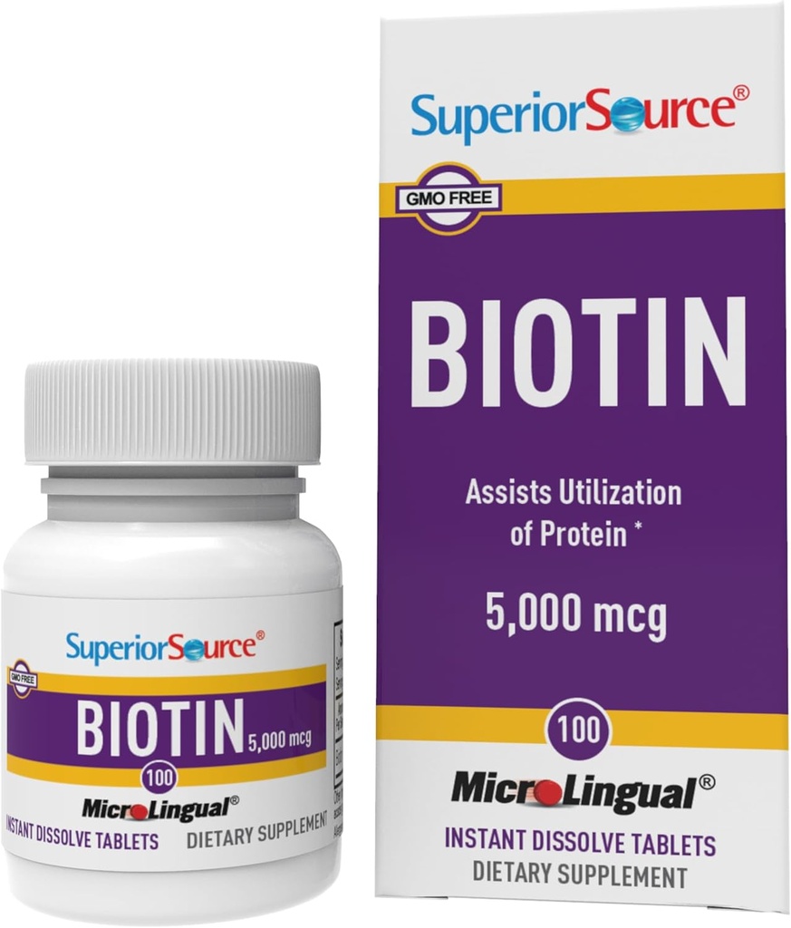 Sumber Superior Biotin 5000 mcg. Dibawah Tongue Quick Dissolve MicroLingual Tablet, 100 Count, Mendukung Rambut Heally, Kulit, dan Nail Growth, Membantu Dukung Energi Metabolisme, Tanpa-GMO