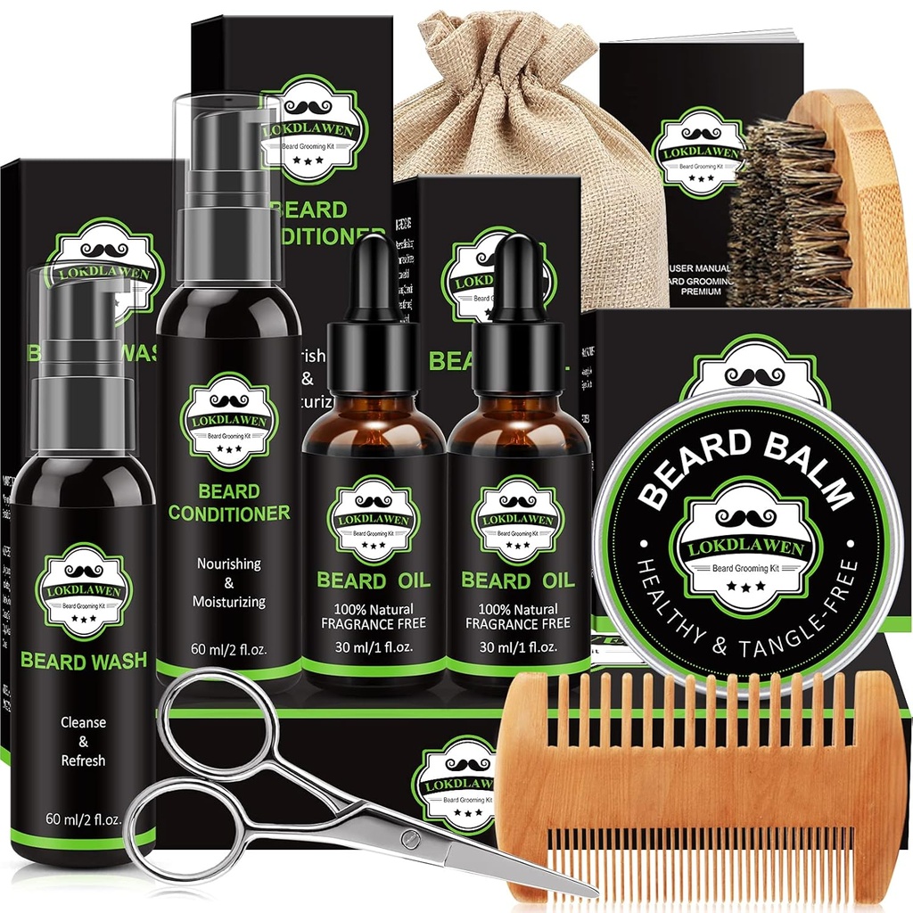 Beard Kit for Men with Beard Wash, Beard Conditioner, Beard Oil, Beard Balm, Brush, Comb, Gunser, Penyimpanan, Hadiah untuk Suami Pria