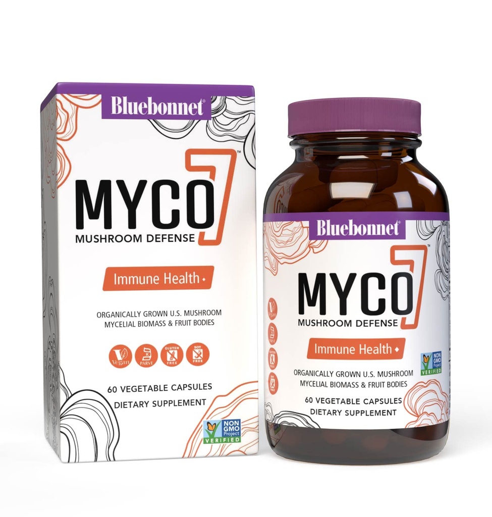 BlueBonnet Nutrition Myco-7 Mushroom Defense - 7 Organis Grown U.S. Whole, Full- Cycle Mushroom - for Imune & Wellness - Bebas, Gluten- Free, Non-GMO, Kosher, dan Vegan - 60 Vegetable Capsules