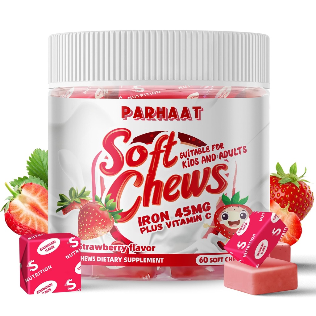 Iron Soft Chew Suplemen dengan Vitamin C 124; Strawberry Flavarored 124; Gluten Free Supplemen Besi Pria dan Anak-Anak; 60 Count 124; 2 Bulan Suppply