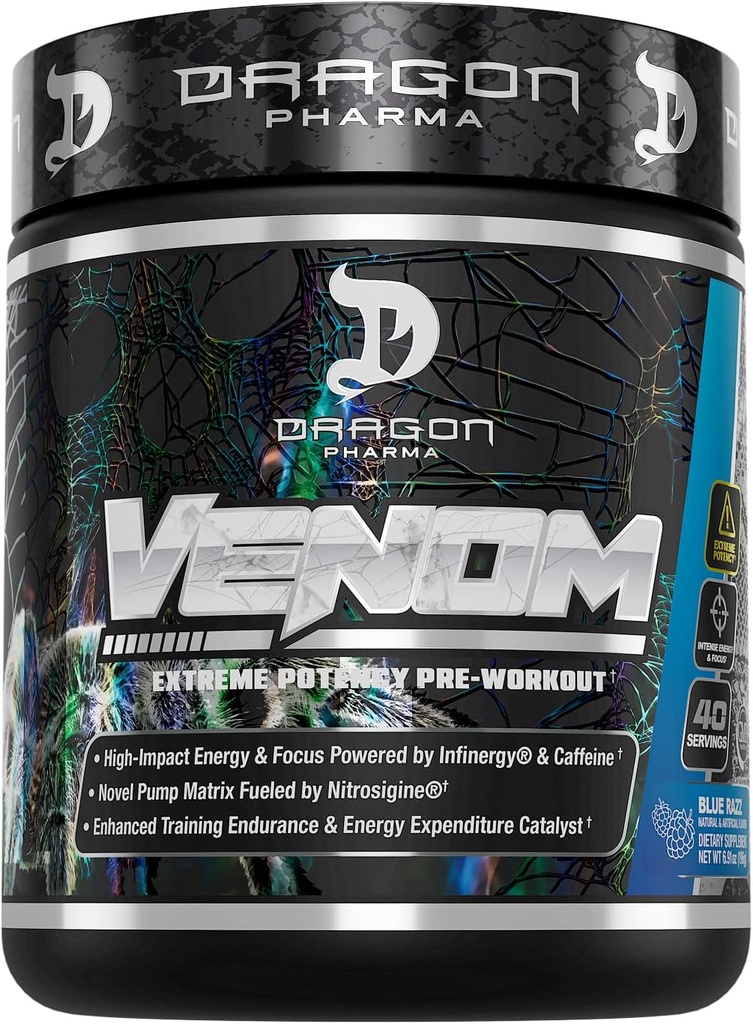 DRAGON PHARMA Venom Extreme Potency Predout, Laser Sharp Focus + Energy, Informance Ingrediens Inhanced for Enhanced Vasodilation & Endurance (40 Servings, Blue Raspberry)