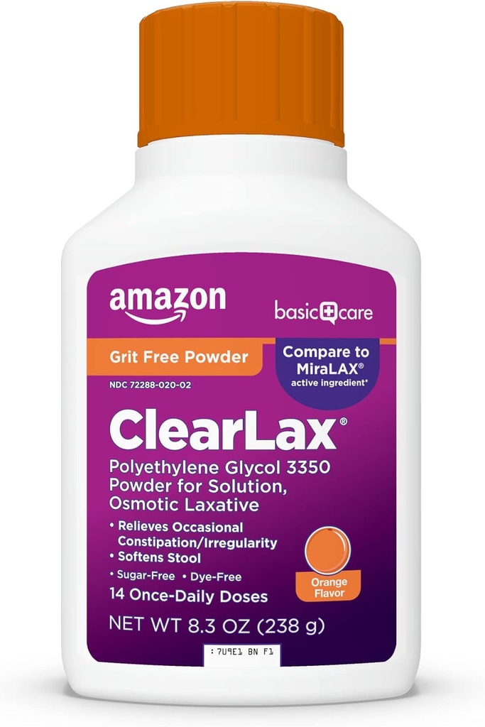 Care ClearLax Polyethylene Glycol 3350 Quoder for Solution, Orange Flavor, Osmotic Laxative, Stool Softer, Relieves Occational Constipation, 8.3 ons (Pack of 1)