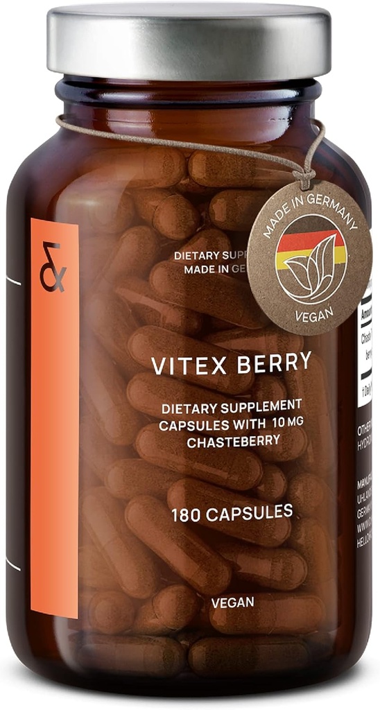Vitex Berry - Premium Chasteberry 4: 1 Ekstrak (Vitex Agnus Castus) - Menopause & PMS Dukungan - Keseimbangan Hormone untuk Perempuan - 180 Kapsul - 6 Bulan Supply - dibuat di Jerman