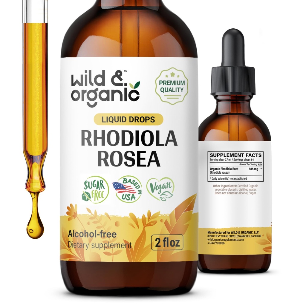 Wild & Organic Rhodiola Rosea Tincture - Dukungan Mood - Relaxing Rhodiola Suplemen - Root Extract Liquid Drops - Vegan, Sugar & Alcohol- Free - 2 fli oz