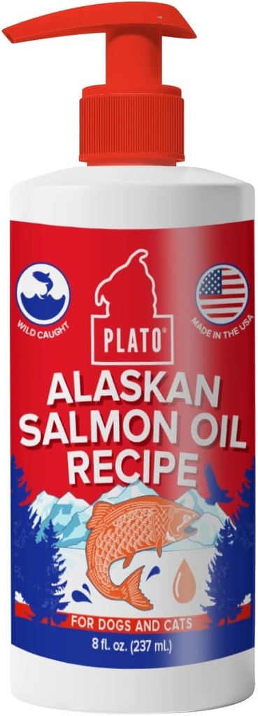 PLATO Wild Alaska Salmon Oil Kibble Topper - Boost Dog Food with Omega 3 & 6 Fatty Acids - For Healthy Skin & Coat - 8 ons