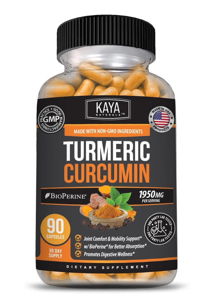 Kaya turmeric platinum, 60 Count Capsules, Bioperine, Premium Dukungan dengan 95% Standardisasi Curcuminoid - 60 Capsules