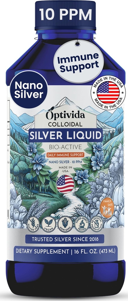Optivida Kesehatan Nano Colloidal Perak Liquid (1 LB) - Suplemen Dukungan Ammune dengan Perak Hydrosol, Liquid untuk Dukungan Imune, Perak Koluidal untuk Sistem Imune, 10 PPM.