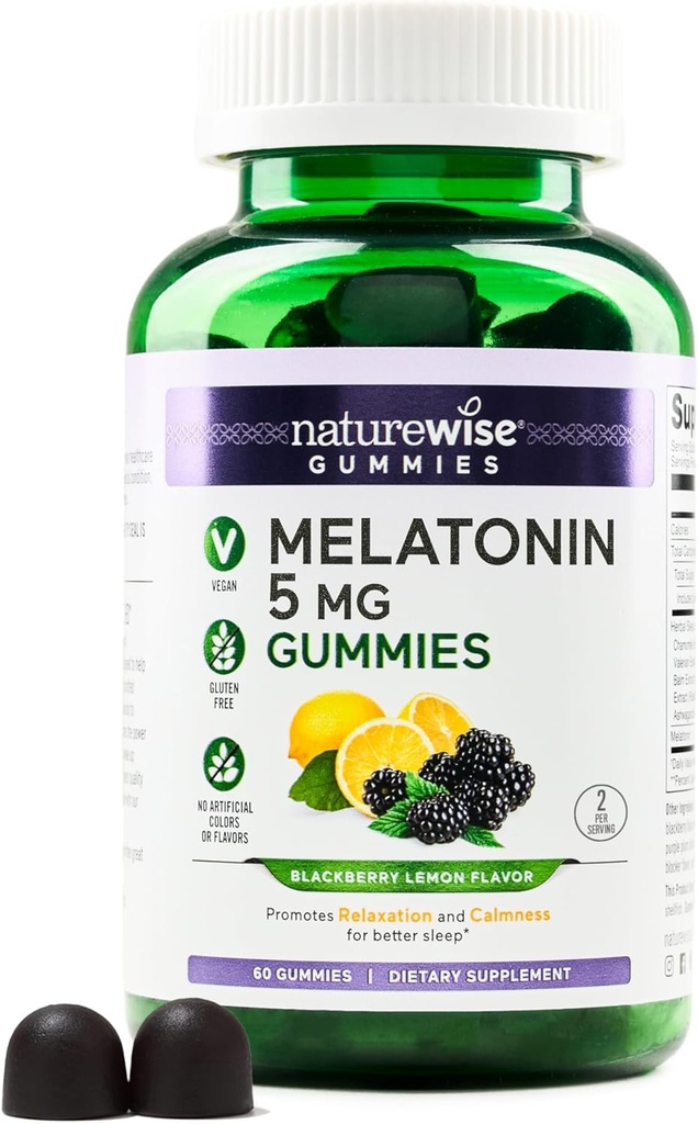 NaturreWise Meltonain Gummies 5mg - Non- Habit Forming Sleep Supplement with Ashwagandha, Valerian Root - BlackBerry-Lemon Flavor - Vegan, Gluten Free, Non-GMO - 60 Count [30- Day Suppply]