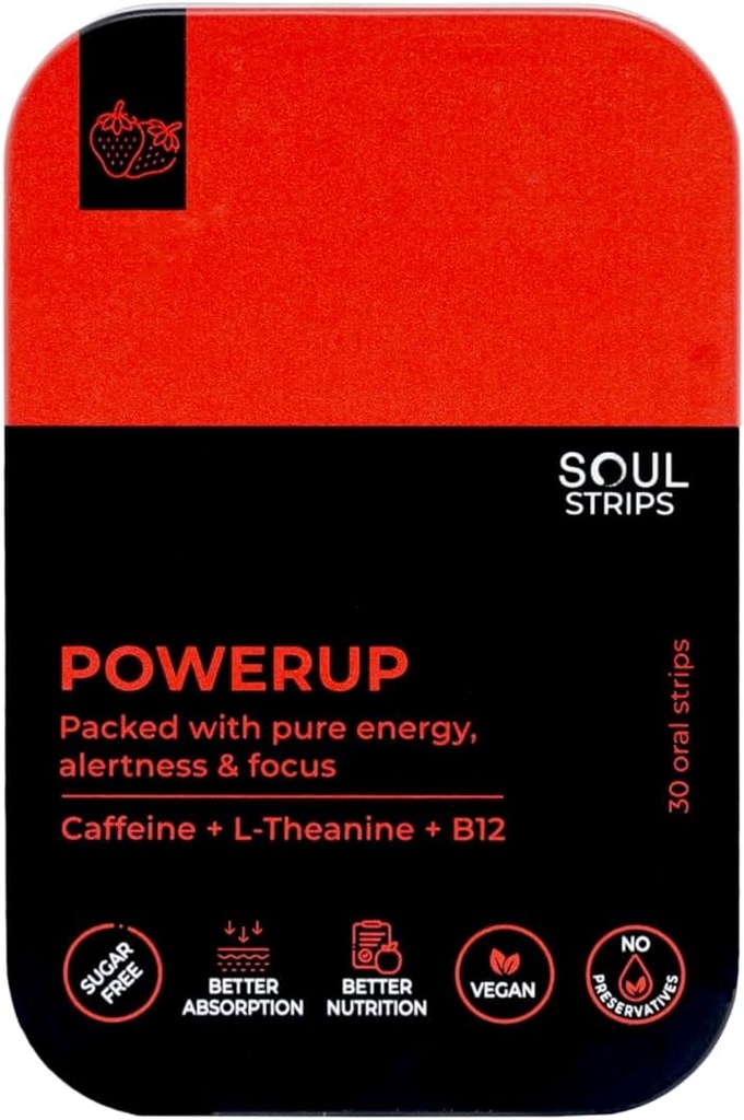 Soul Strips Power Up - Workout + Energy Oral Strips with Caffeine, L-Theanine, Vitamin B12, Strawberry Flavor, Enhances Metabolisme, Quick Absorb, Daily Gunakan, Nol Gula, Vegan, 30 Strips Pack