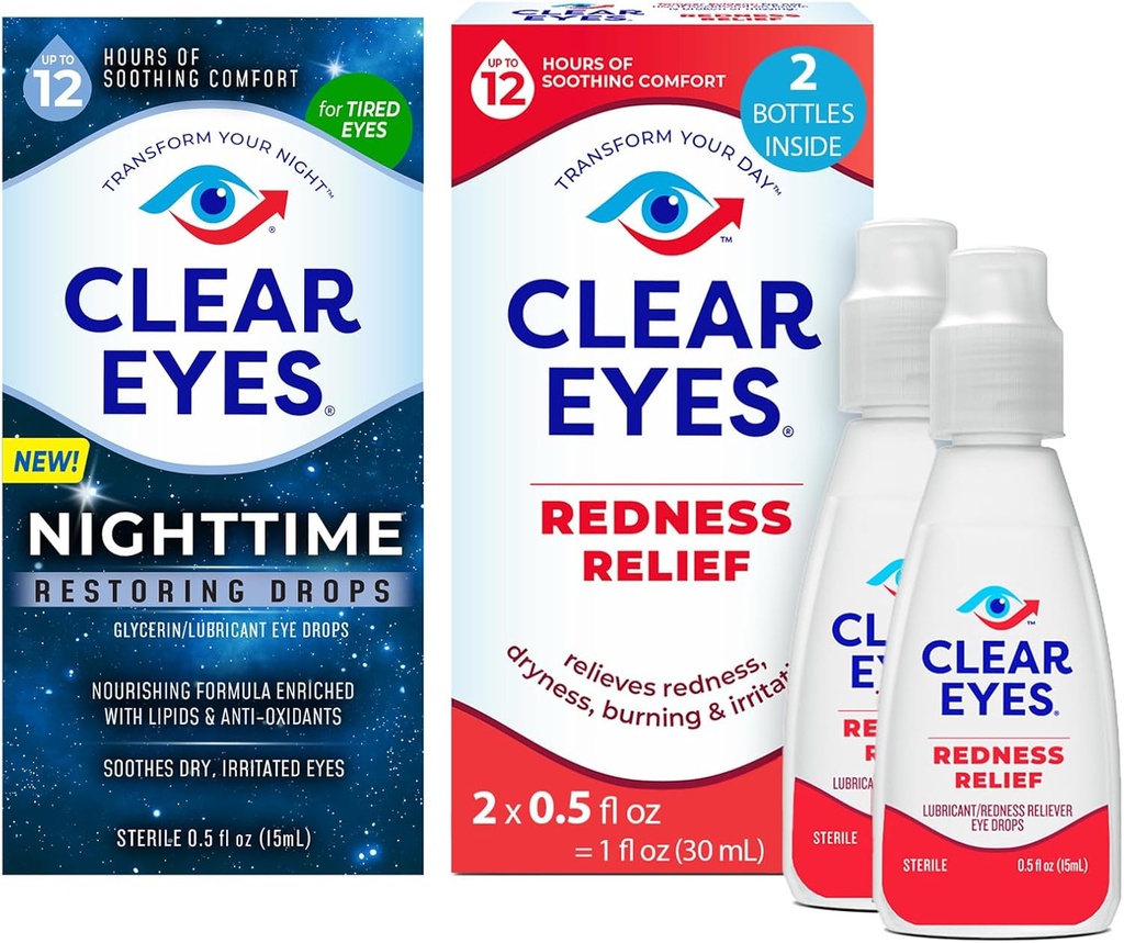 Bundle of Clear Eyes Recoring Eyes Drops, Nighttime Relief Dry Eye Drops, 0.5 Fl Oz + Clear Eyes Retief Eye Drops, 0.5 oz, Dual Pack