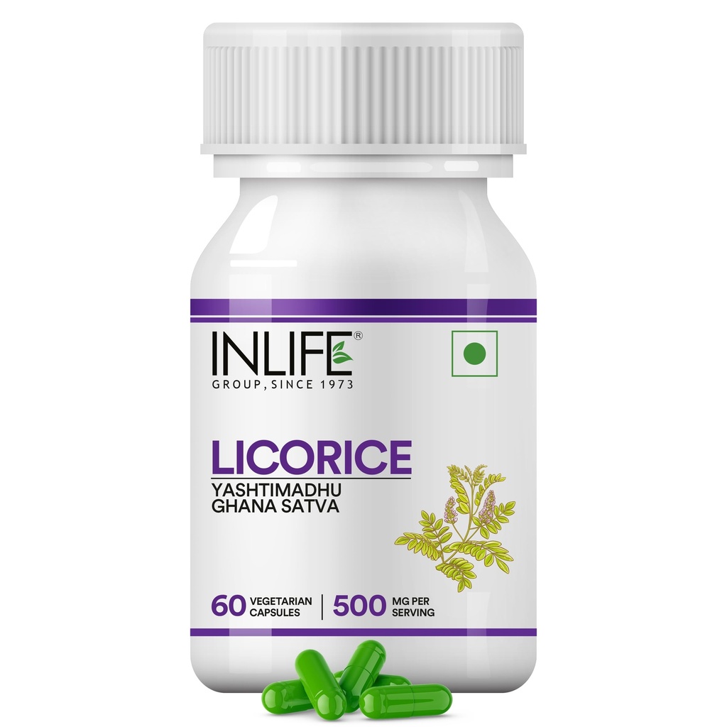 INLIFE Licorice Root Extract (Yasthimadhu) Standardized to > 20% Glycyrrhizical Aclement, 500 mg - 60 Vegetarian Capsules