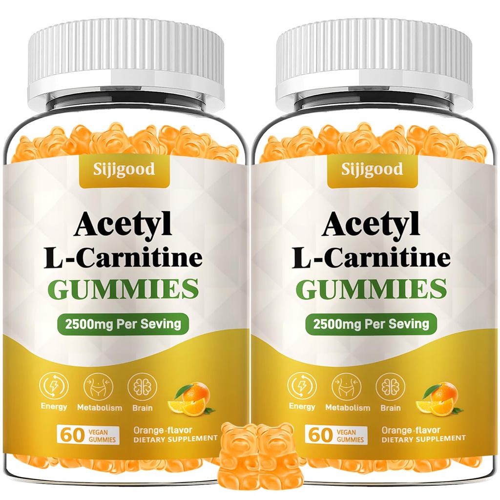 2 Pack Acetyl L- Carnitine Supplement, Natural Nutrition Suplement for Boost Energy, Imunity, Vegan, Orange Flavor, 120 Count