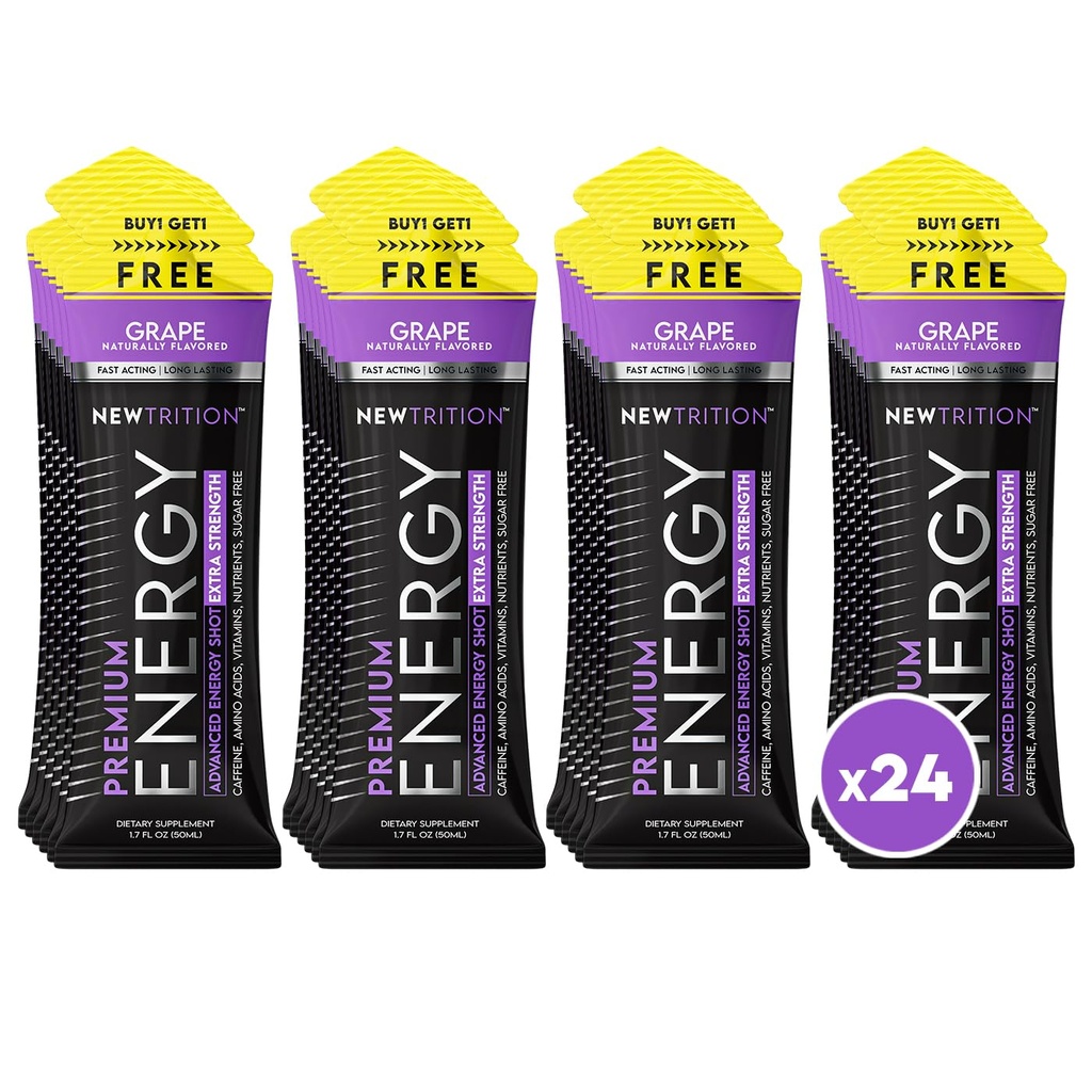 Teguran Energi Ekstra Newtrition, 250mg Kafeine Energy Shots with Vitamin B & Acids, Sugar- Free Vitamin Energy Shot, 1.7 lf oz (Pack of 24, Grape)