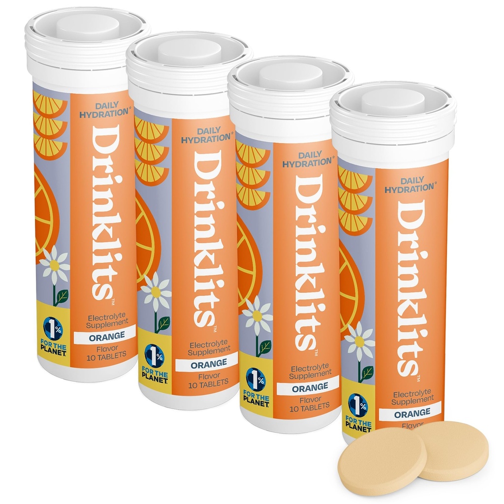 Drinklits Orange Daily Electrolite Hydration Tablet (4) Tabung Bundle 124; 0g Gula - Minuman Olahraga Alami - Taste 124; 4 Pack (40 Servings)