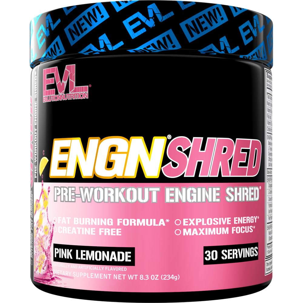 EVL Ultimate Pre Workout Powder - Thermogenic Fat Burs Dupder Minum untuk Lasting Energy Focus dan Stamina - ENGN Shred Intense Free Pretraining Minum Mix - Pink Lemonade