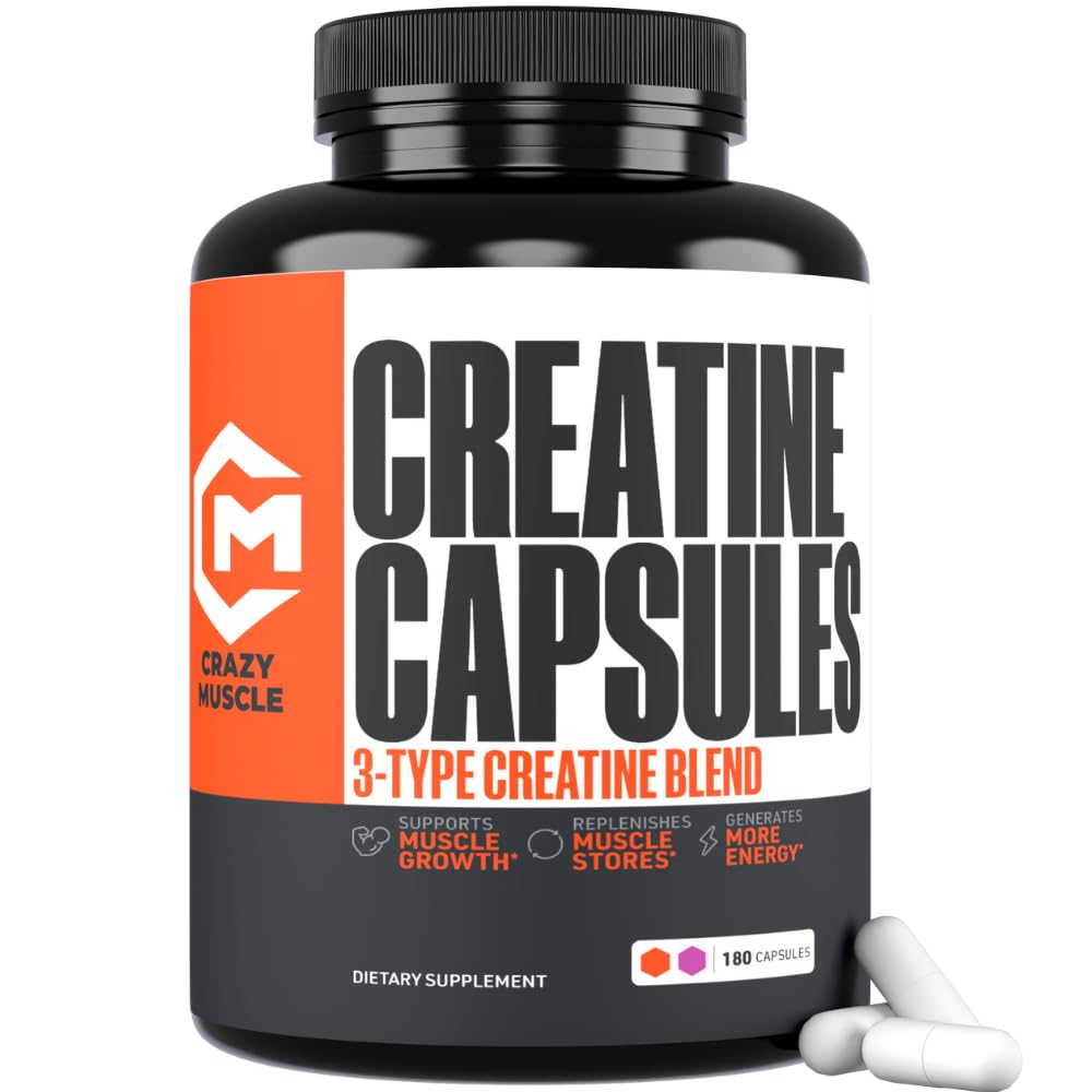 Creatine Capsules, 5g Premium 3X ThreeAtine Pre Workout Bulk Mass Gainer, Penyerapan Tinggi Mudah untuk Mengambil Pil Modertine Monohydrate Alternatif Optimum Performance for Men Women, 180 Capsules