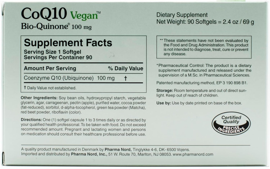 CoQ10 Vegan Bio- Quinone 100 mg, 180 Softgeels 12.4; Premium Plant - Based Coenzim Q10 Suplemen dengan Ingregents Non-GMO untuk Optimal Health 124; High Absorpsi Formula untuk Proses Kesehatan Jantung dan Energi