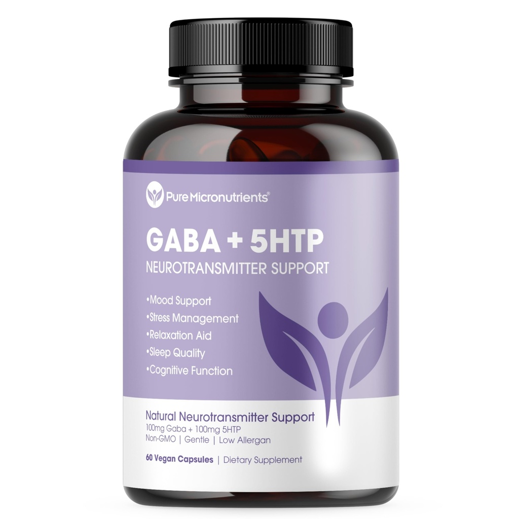 Pure 5-HTP (5- Hydroxyptophan) Plus GABA Suplemen - for Sleep, Mood & Stress Management - 60 Veggie Caps