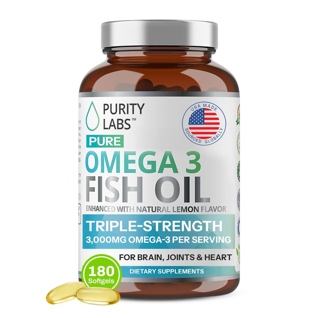 Purge Labs Omega 3 Minyak Ikan 3000mg - DHA & EPA Omega 3 Acids Gendut untuk Mendukung Kesehatan Hati dan Otak - Imune Dukungan Tambahan - 180 Softgel (60 Hamba)