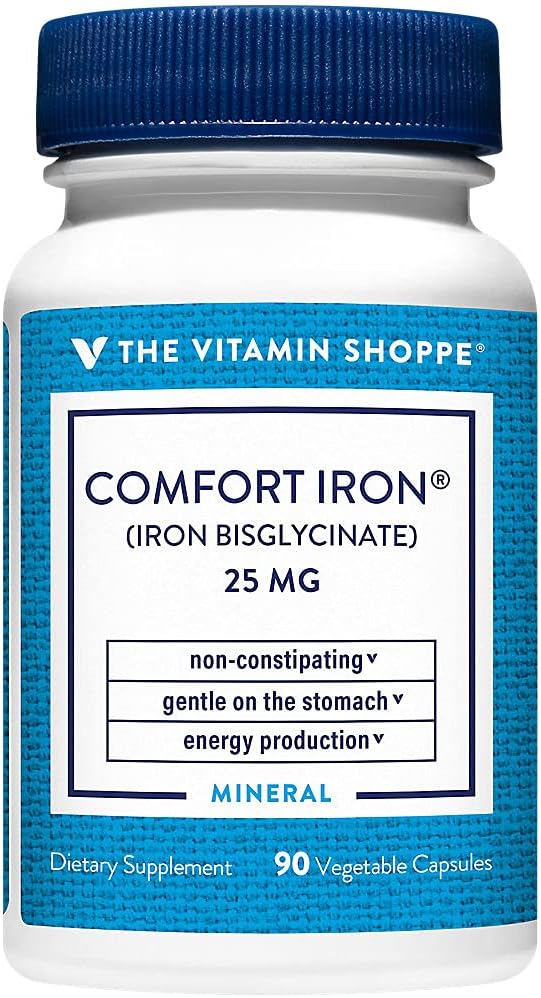 The Vitamin Shoppe Comfort Iron 25MG, Clinically Studied Iron Bisglycinate, Energy Production & Imune Support, Gentle & N-Constipating Supplemen (90 Veggie Capsules)