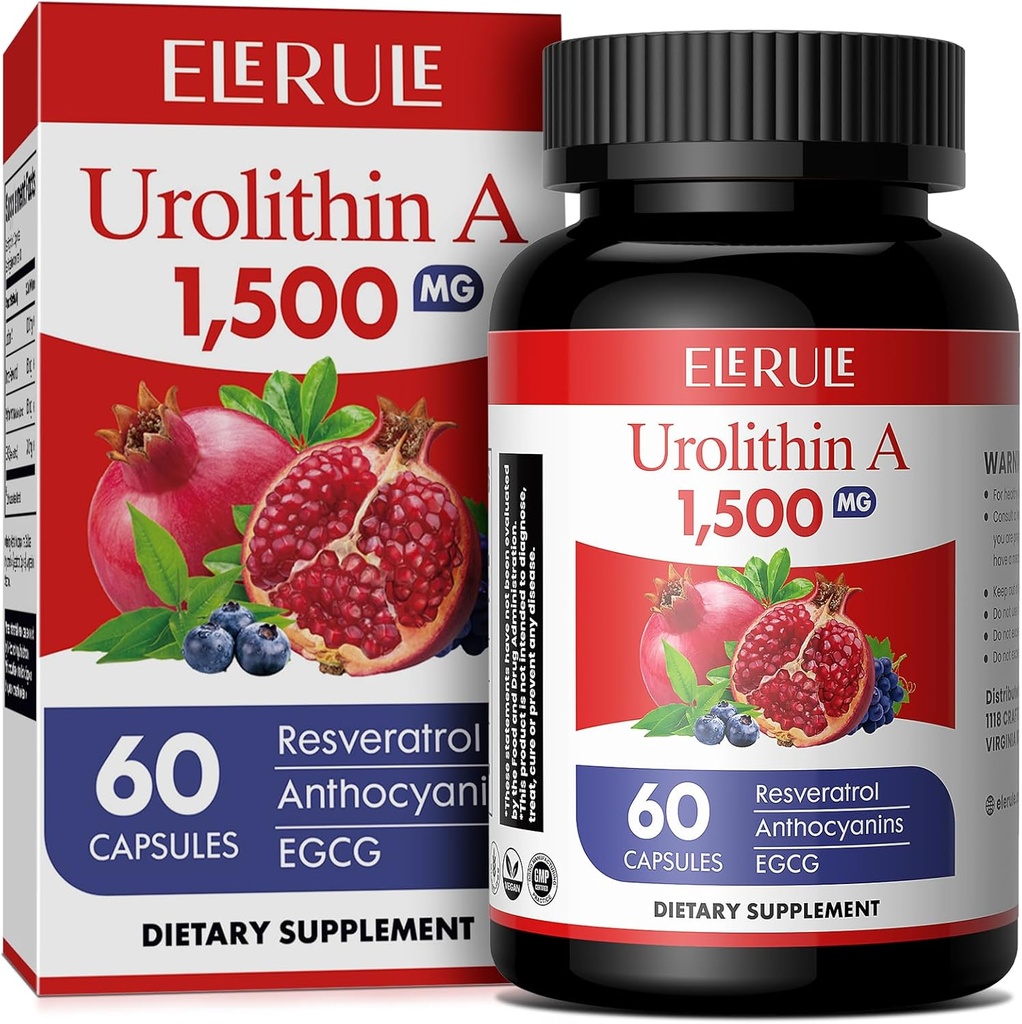 Urolithin A Supplement 1000 mg Plus Trans- Resveratrol, Anthocyanins, Green Tea, Promoting Heally Aging, Supports Cellular and Energy for Men & Women, 60 Kapsul