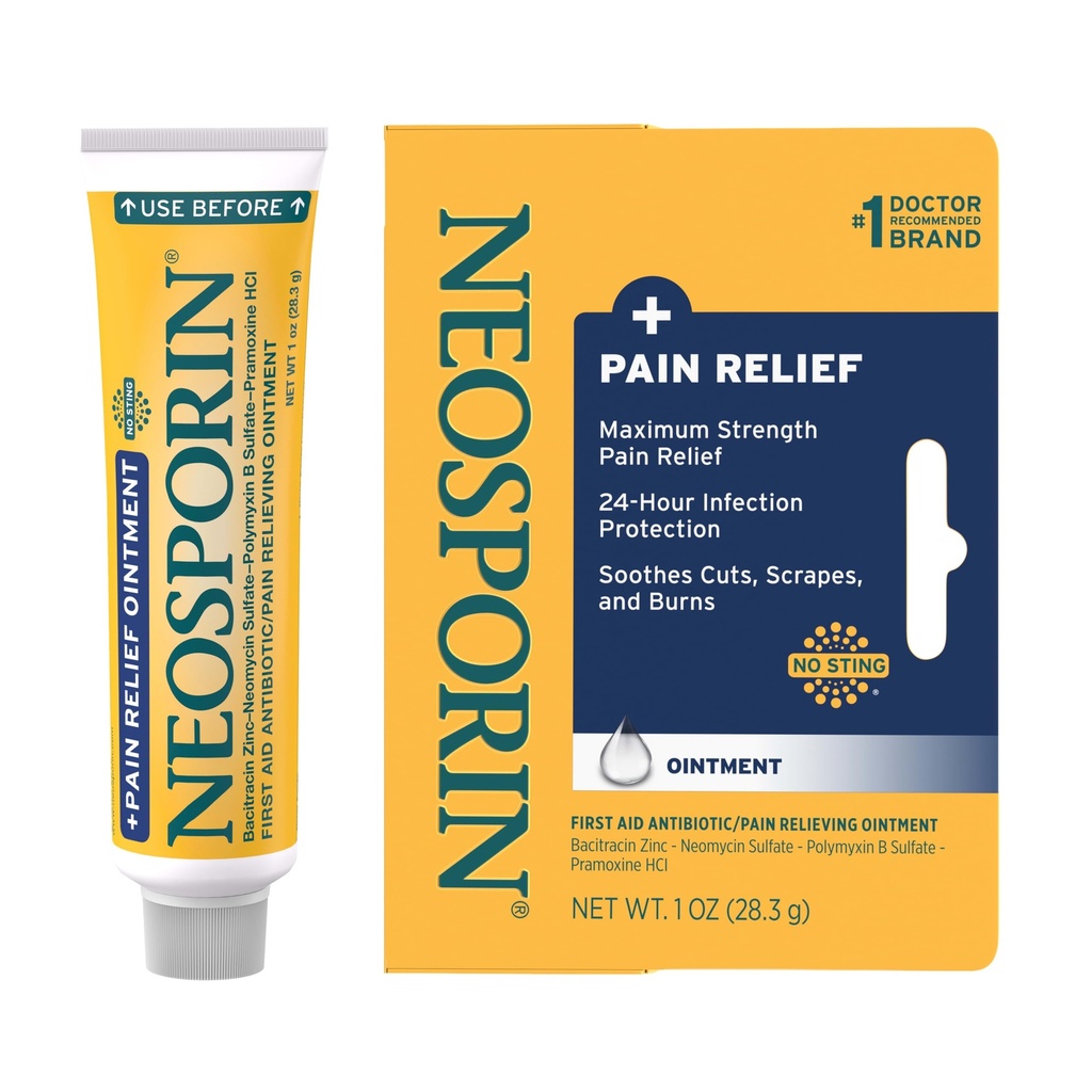 Neosporin + Maximum- Kekuatan Triple Antibiotic Oquite dengan Relief Pain, Dual Action Aid Pertama Wound Care, No- Sting Formula dengan Pramoxine HCI, Basitrasin Zinc, 1 oz Single Tube