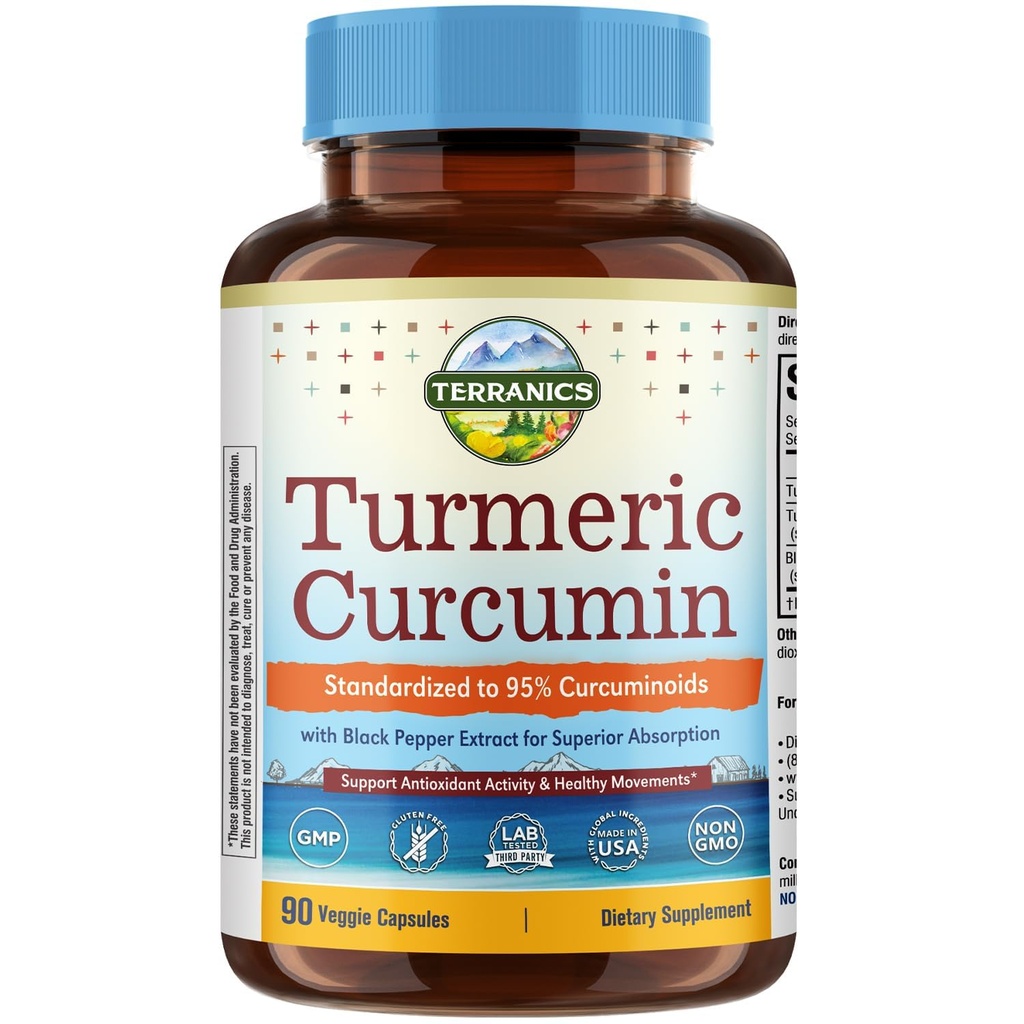Suplemen Curcumin Turmeric 1800mg, dengan Black Pepper 15mg untuk Peledak Maksimal, 95% Curcuminoids, Dukungan Mobility & Antioksidant, Dibuat di Amerika Serikat, Non- GMO, Tanpa Gluten, 90 Vegan Capsules