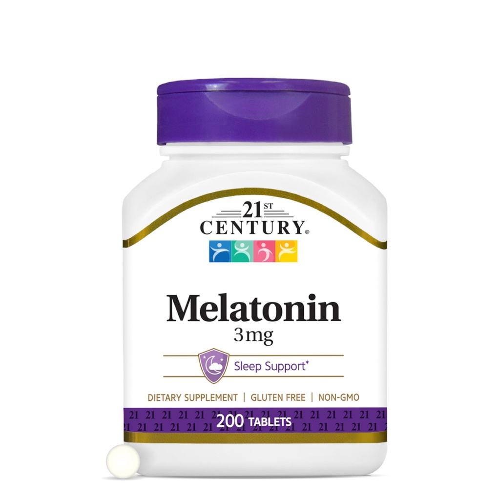 Abad ke-21 Melonatin Tablet Kekuatan Lembut 3mg, 200 Count, Sleep Aid for Dewasa, Promotes Relaxation & Revolful Sleep, Non-Habit Forming, Gluten- Free, Non-GMO
