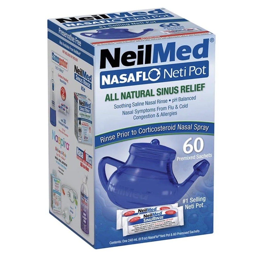 NeilMed NasaFlo Unbreakable Neti Pot dengan 60 Paket Premix