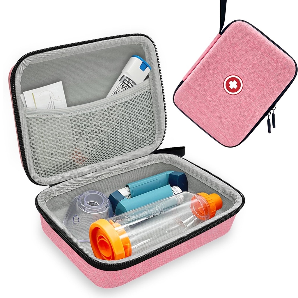 Hard Inhaler Case for Kids and Adults, Asthma Inhaler Case with Mesh Pocket for Medicine and Other Accesories, Pink (Bag Only)